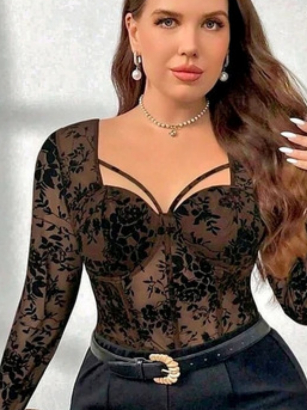FIRERIE Plus Size Floral Velvet Sheer Mesh Top XL 2XL